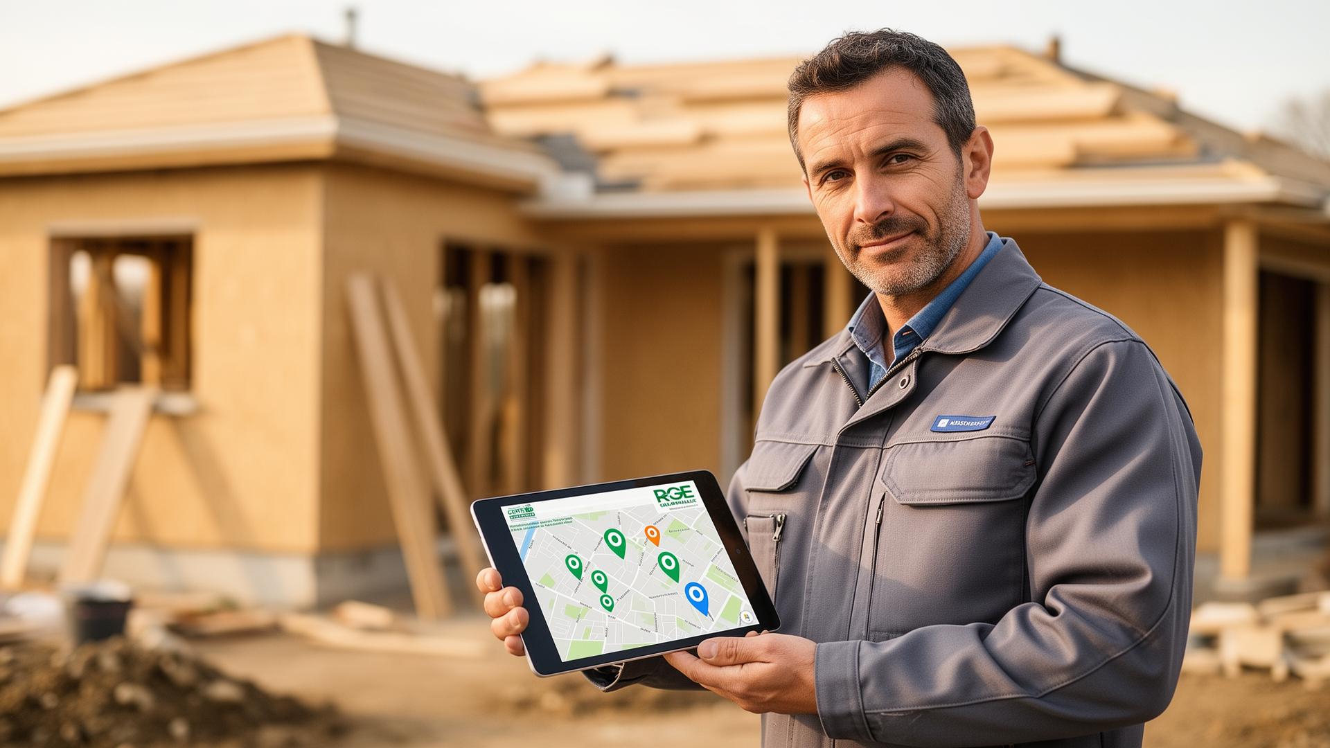 Artisan RGE sur un chantier avec une tablette affichant une carte de prospection