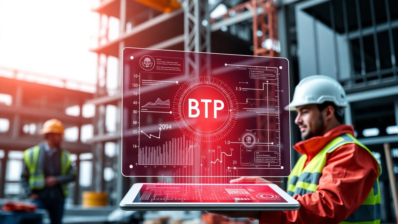 Ouvrier sur un chantier avec une tablette affichant des données IA